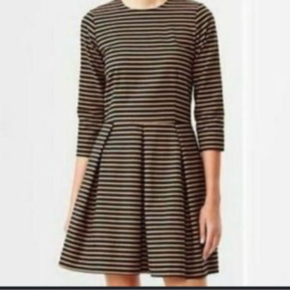 GAP Dress Women 0 Tan Black 3/4 Sleeves Zip Party Holiday Pockets Preppy Striped